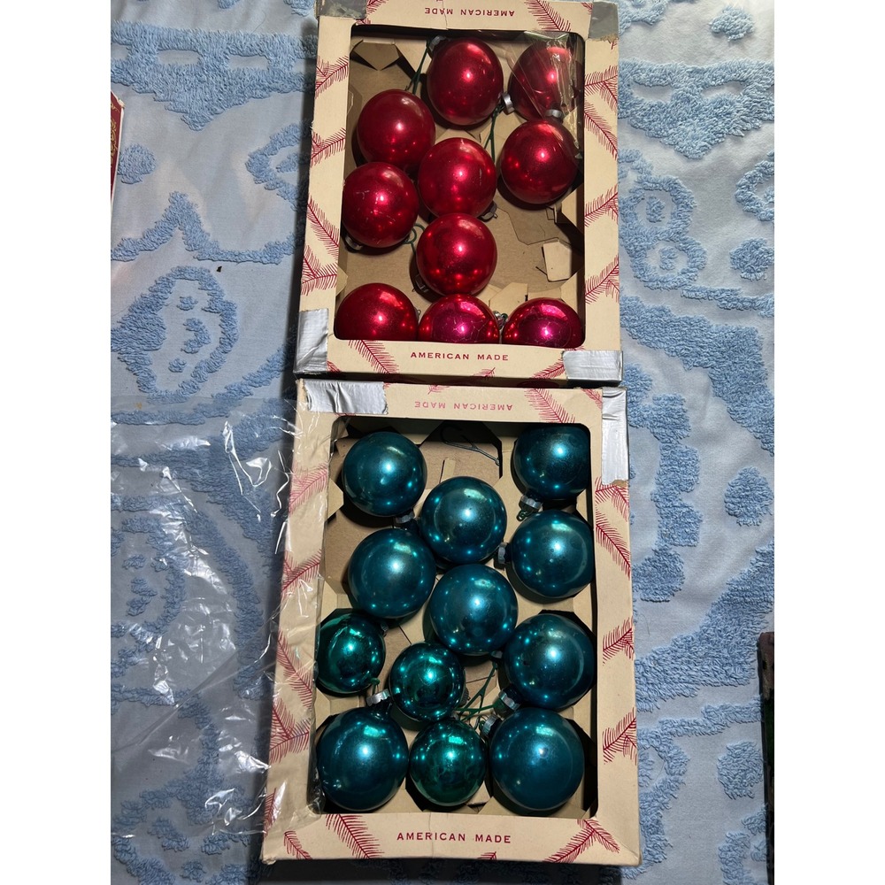 VTG Coby Glass Christmas Ornaments Red Teal Blue Made in USA Set of 22 Round
